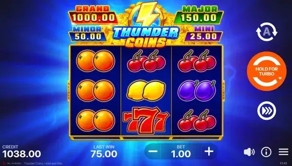 Thunder Coins base game screen with a 3x3 reel grid, fruit symbols, a red 7/77 symbol, and jackpot values displayed at the top