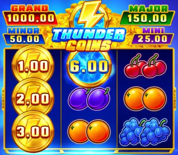 Thunder Coins feature with Thunder Bonus on reel 2 plus bonus coins with values on the side reels
