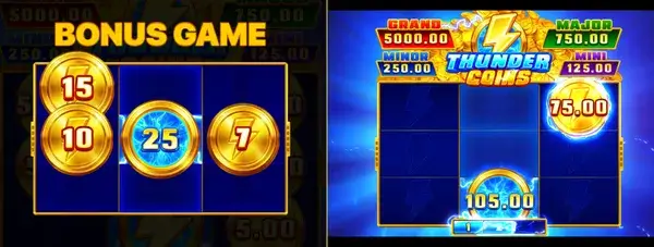 Thunder Coins Bonus Game screens with the start state and a grid with collected coin values